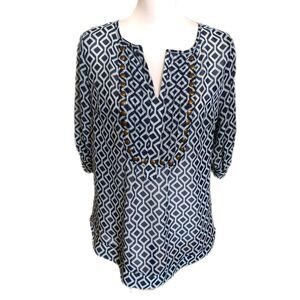 41 Hawthorn (Stitch Fix) geometric navy blue & aqua green pattern, 3/4 sleeves M